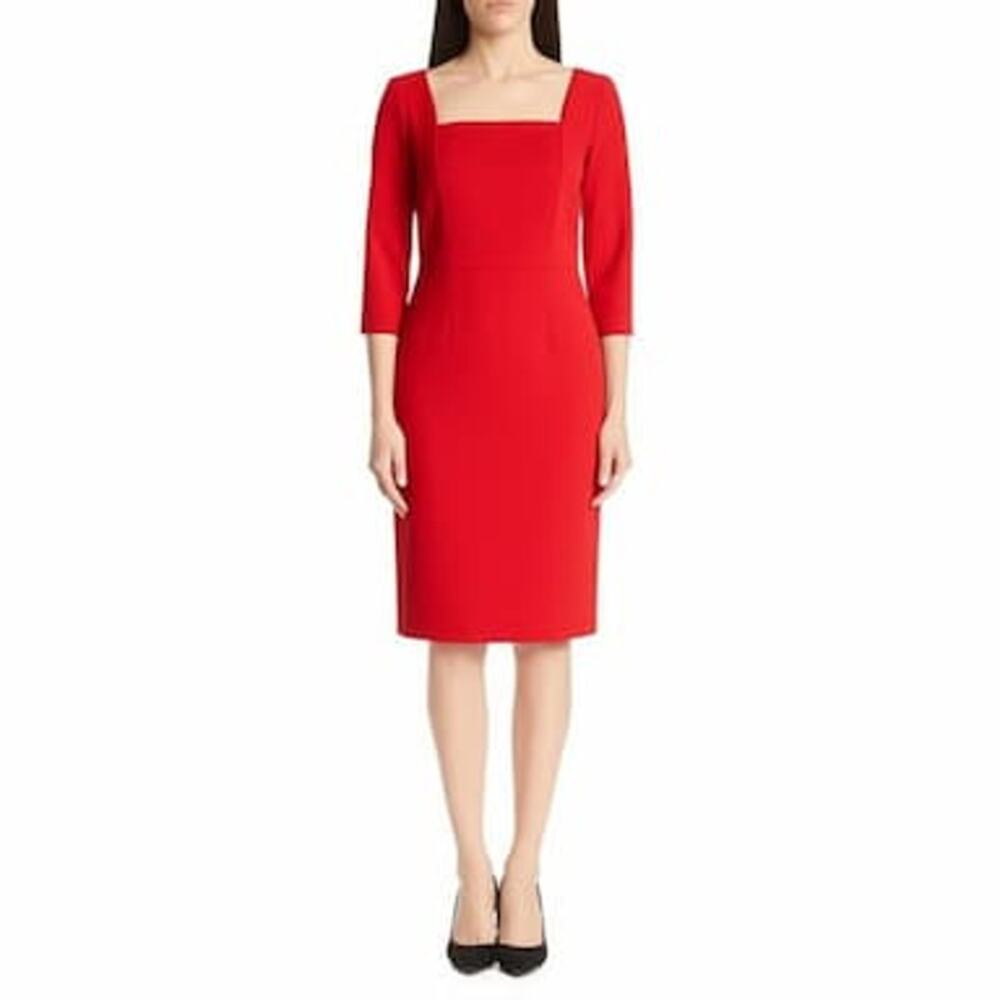 The Limited Women's Large Sheath Dress Red Midi 3/4 Sleeves Scallop Neckline